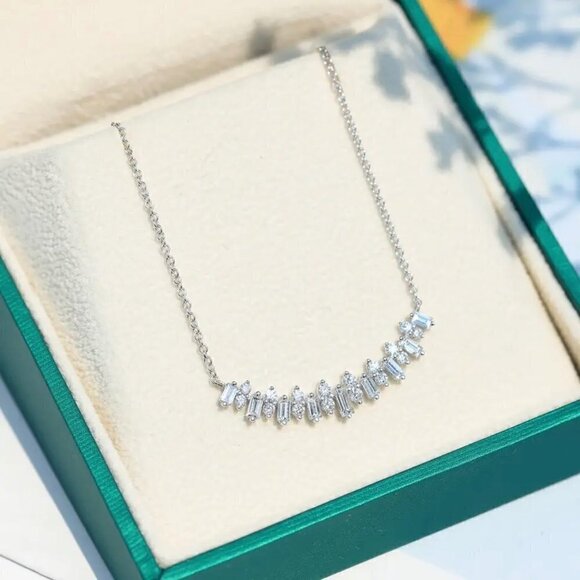 NWT 14K White Gold Plated CZ Curved Arc Center Cluster Necklace 16” Women's - Picture 3 of 12